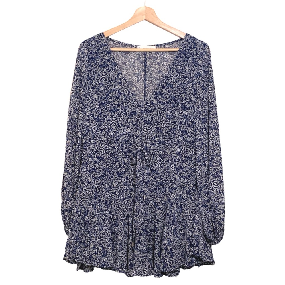 Here Comes The Sun Blue White Floral Romper Long Sleeves Small Romantic Girly